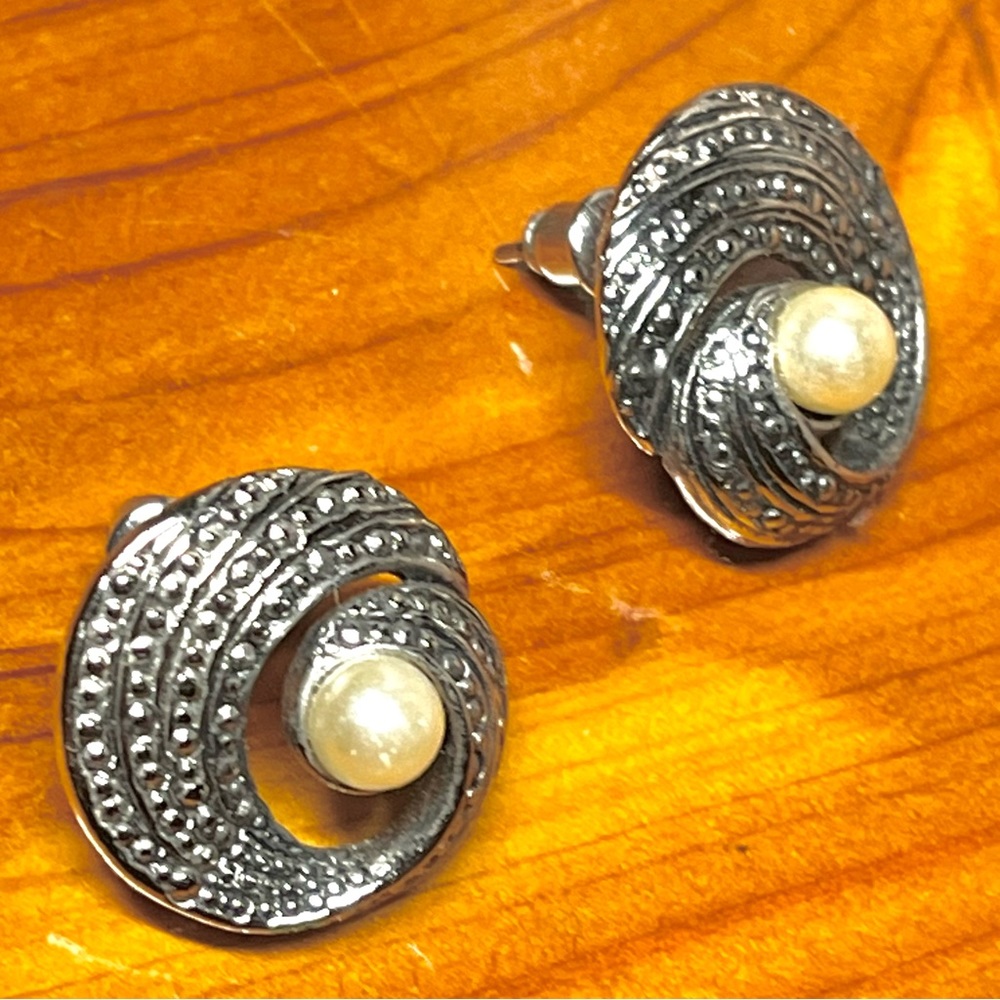 Silvertone Round Swirl Textured Pierced Earrings with Faux Pearl Centers Posts